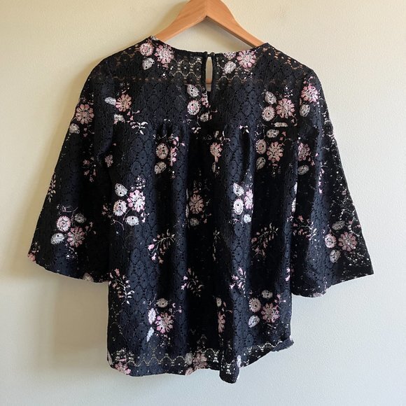 LOFT ANN TAYLOR Eyelet Top 3/4 Sleeve Floral Print Crewneck Womens Size S Blouse - Picture 5 of 5